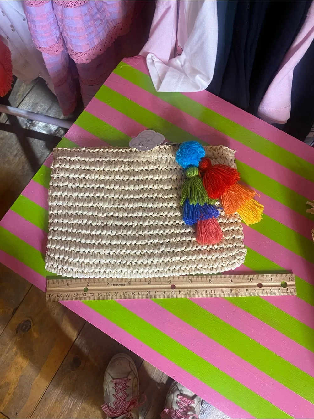 Women’s Straw Clutch with Rainbow Tassels - Pink/Blue/Green/Orange